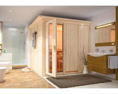 Produktbild von Elementsauna Karibu Rodina ohne Ofen mit Dachkranz und Holztüre mit Isolierglas wärmegedämmt