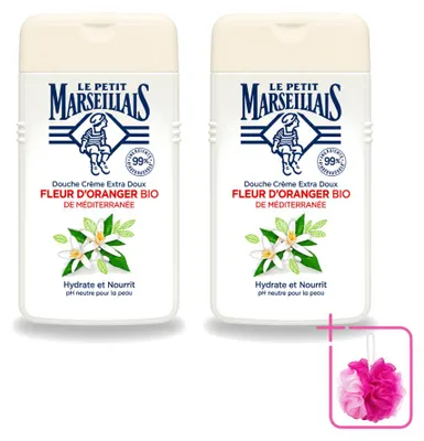 Immagine prodotto di 2 confezioni di crema doccia Le Petit Marseillais, profumo di fiori d'arancio, idratante, 250 ml per confezione. Confezione risparmio, 2 pezzi