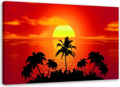Produktbild von Leinwandbild sonnenuntergang mit palmen 100x70 cm Feeby rot wandbild bereit zum aufhängen