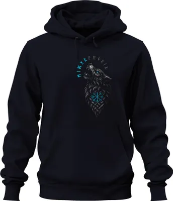 Obrázek produktu pro Viking Wolf Nordic Vegvisir Runes Valhalla Fenrir Compass Uni mikina s kapucí, Navy, XL