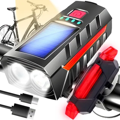 Produktbild von Fahrradlicht Set LED vorne und hinten mit Solarladung, Akku USB aufladbar, Fahrradlampe mit Hupe, Rücklicht wasserdicht IPX4, Fahrradbeleuchtung Retoo