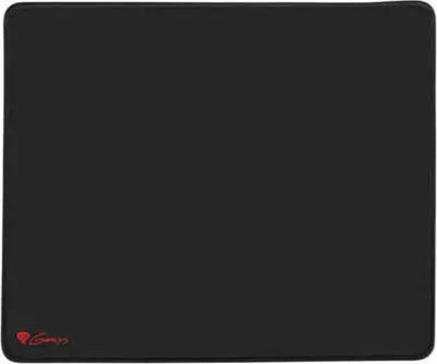 A black mousepad with a small red logo in the bottom left corner.