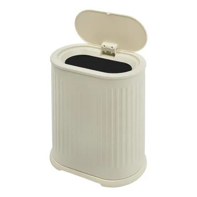 A cream-colored oval trash can with its lid open, shown against a white background.