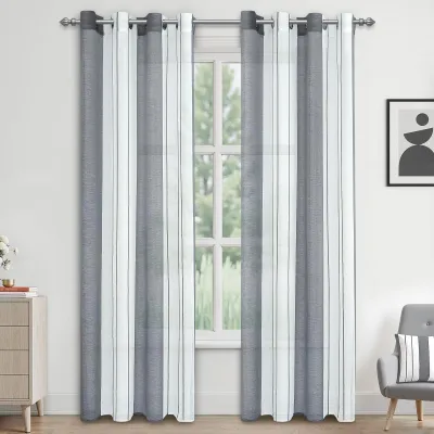 Image de Rideaux voilés semi-transparents à rayures, avec œillets, design moderne, blanc et gris, 245 x 140 cm - Lot de 2