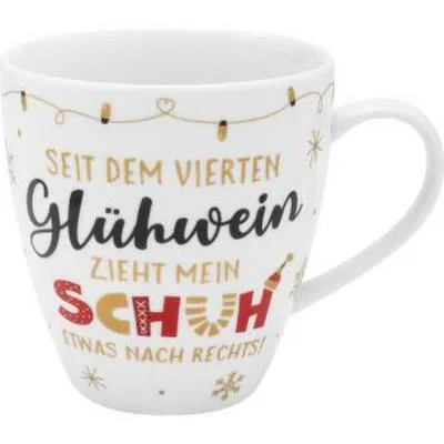 Produktbild von GRUSS & CO Tasse mit Motivdruck: "Seit dem vierten Glühwein zieht mein Schuh etwas nach rechts", inkl. Geschenkbanderole, mit Golddruck