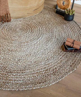 Imagen del producto de Alfombra redonda de yute Unyqoos® de 120 cm – Trenzada, tejida a mano, natural (blanqueada), 2,2 kg/m², 8 mm