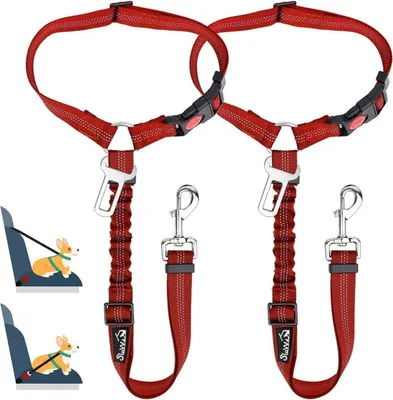 Image de SlowTon Ceinture pour chien Voiture 2 en 1 Ceinture de retenue de l'appuie-tête Réfléchissante 2pcs rouge