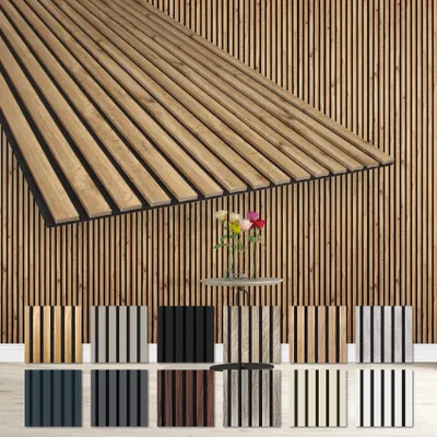 Produktbild von HEXIM Akustikpaneel Lamellenwand Holz MDF Pecan AP08, schalldämmend, flexibel, über Eck biegbar, 278x60cm, 9mm dick, 1,67m², 1 Paneel, Montagekleber HexPro P63