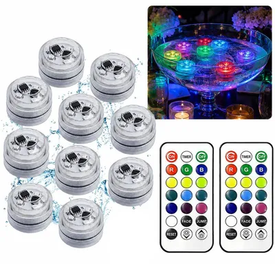 Produktbild von Unterwasser LED 10er Set RGB – IP68, 13 Farben, 2 Fernbedienungen | Batterie für Vase, Aquarium, Teich
