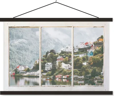 Produktbild von MuchoWow® Textilposter Aussicht - Berg - Nebel 90x60 cm mit schwarzem Rahmen - Aufhängungssatz
