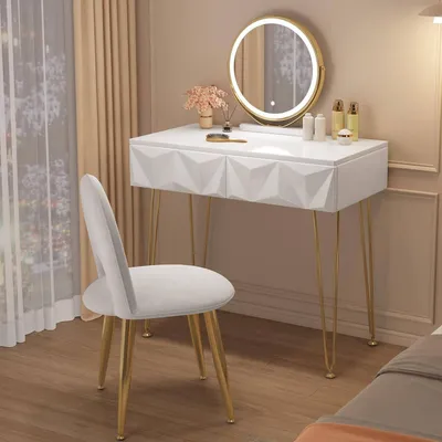 Produktbild von EUGAD Schminktisch mit Beleuchtung, Stuhl, 360° drehbarem Spiegel, Weiß + Golden