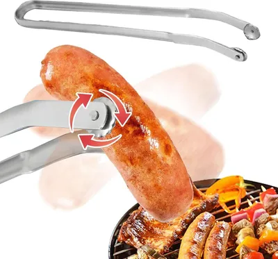 Produktbild von BBQ Grillzange Drehbar, Wurst Grillzange Edelstahl mit Rädchen langem Griff,Mehrzweck Grillzange für draußen
