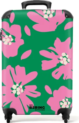 Produktbild von NoBoringSuitcases.com® Koffer Handgepäck Trolley Rollkoffer Kleine Reisekoffer mit 4 Rollen - Grün mit rosa Blüten - Cabin Size < 55x40x23 cm & 55x40x20 cm - Fotokoffer - Kabinenkoffer - BoardgepäckHandgepäck Koffer 55x35x20 cm, 36L,