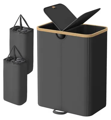 Produktbild von Wäschebox mit 2 Fächern, herausnehmbaren Wäschesäcken und Deckel | Schwarz-beige | 38,5x52x75cm