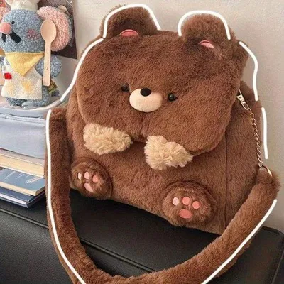 Produktbild von Schulrucksack mit Plüschbär, große Aufbewahrungstasche mit Cartoonprint, Schultertasche.