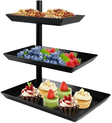 Productafbeelding van Ibenzoa® Drielags serveerplank van zwart metaal, met een stevig, draaibaar plateau, ideaal voor het presenteren van taarten, fruit en desserts