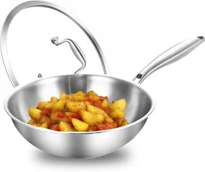 Image de Poêle à frire type wok, 24 cm, compatible induction, avec couvercle, en acier à trois couches, pour la cuisine, résistante à la chaleur du four jusqu'à 400 °C