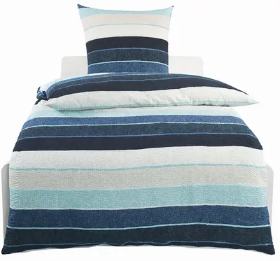 Produktbild von 2-tlg. Baumwoll Seersucker Bettwäsche 135x200 +80x80cm, blau türkis, Querstreifen, bügelfrei