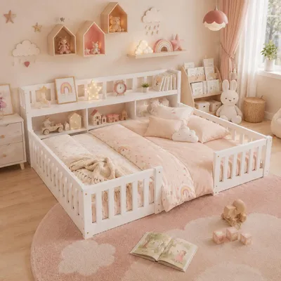 Produktbild von INONEFT Kinderbett Bodenbett 90x200,Montessori Bett mit Rausfallschutz & Lattenrost,Hausbett Gitterbett Holzbett Spielbett,ohne Matratze,Weiß, KI-generiertes Bild