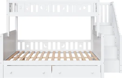 Produktbild von Flieks Etagenbett 90x200/140x200 mit Lattenrost, Hochbett mit Stauraumtreppe, Kinderbett mit Rausfallschutz und 2 Schubladen, Stockbett Weiß