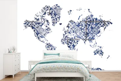Produktbild von Weltkarten-Wandtapete - Delft-Blau-Weiß - Breite 525 cm x Höhe 350 cm
