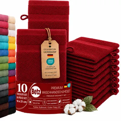 Produktbild von Betz 10 Stück Waschhandschuhe 16x21 cm PREMIUM 100% Baumwolle  Farbe: rubinrot