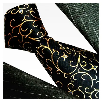 Produktbild von Designer Krawatte aus 100% Seide, handgefertigt nach italienischer Tradition - Schwarzblau mit goldenen Ranken