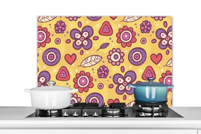 Obrázok produktu pre MuchoWow® Splashback Kuchyňa - Kuchynský backsplash - Ochrana steny pre sporák a drez Vzor - Kvety - Fialová - Oranžová 80x55cm Alu-Dibond