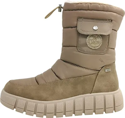 A single beige winter boot is shown against a white background.