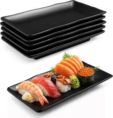 Produktbild von 6 Rechteckige Schwarze Teller aus Melamin, Servierplatten für Sushi, Vorspeisen, Desserts, Salate, Obst und Beilagen, Stapelbar und Spülmaschinenfest