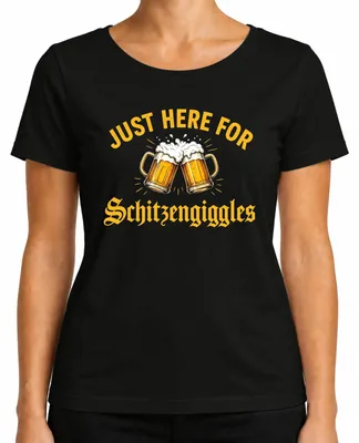 Productafbeelding van Gewoon hier voor een bierfeestje met grappige teksten, traditioneel shirt, lederhosen, dames T-shirt, zwart, maat L