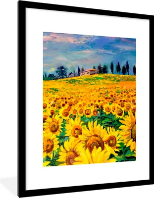 Produktbild von MuchoWow® Gerahmtes Poster Ölfarbe - Gemälde - Blumen - Sonnenblume 60x80 cm - Poster mit Schwarzem Bilderrahmen Wandposter Rahmen Foto Bilder - Wohnzimmer - Dekorationen - Prämie