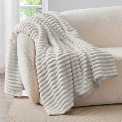 Image de Couverture en flanelle et polaire rayée 150x200 cm Gris clair
