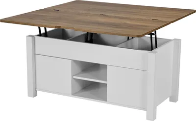 Produktbild von SucceBuy Lift-Top Couchtisch 100 cm, rustikaler Kaffeetisch mit Scheunentor-Design & verstecktem Stauraum, rechteckige Hubtischplatte für Wohnzimmer, Büro oder Zuhause, Wohnzimmertisch in Braun und Weiß