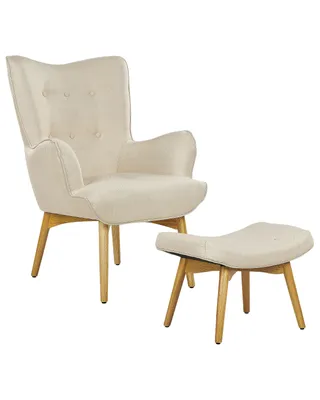 Produktbild von BELIANI Sessel Hellbeige Stoff Gepolstert Gesteppt mit Hocker Armlehnen Holzbeinen Retro-Design Polstersessel Ohrensessel für Wohnzimmer Schlafzimmer