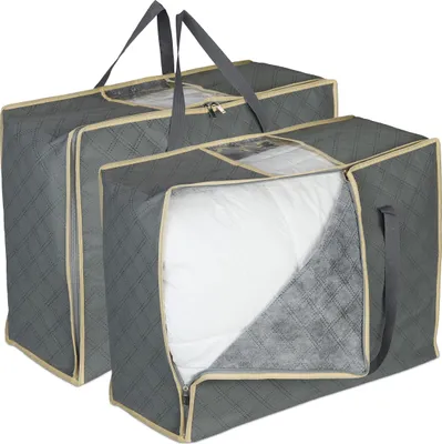 Immagine prodotto di Borsa porta-piumini Relaxdays, set da 2, cerniera su 3 lati, traspirante, tessuto non tessuto, fodera per piumini, grigio