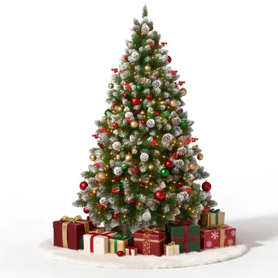 Productafbeelding van ACXIN Kunstkerstboom met sneeuwlook, geïntegreerde LED-verlichting, massief houten voet, decoratieve elementen, 2,25 meter, geschikt voor kamerdecoratie