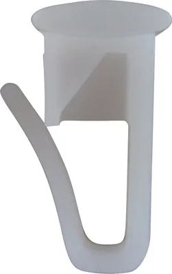 A white plastic curtain glider with a hook.