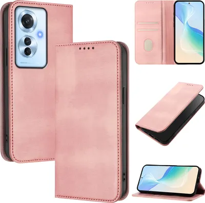 Obrázek produktu pro Pouzdro pro Oppo Reno11 F, vintage kožené pouzdro s RFID ochranou, přihrádkami na karty, stojánkem Růžový