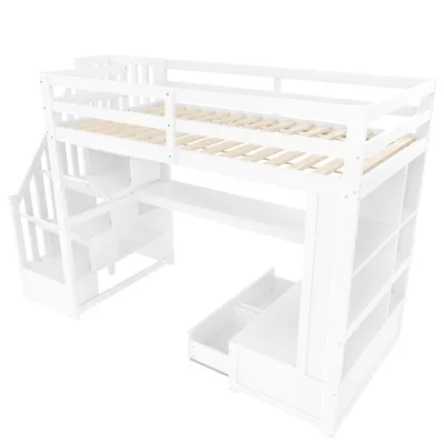 Produktbild von Flieks Etagenbett 90x200cm mit Schreibtisch und Regal, Kinderbett Einzelbett mit Led und Ladefunktion, Hochbett Holzbett mit Rausfallschutz, Weiß