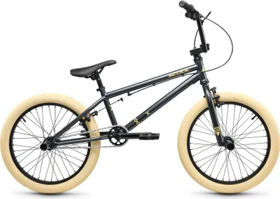 A BMX bike with beige tires and a dark grey frame, shown against a white background.