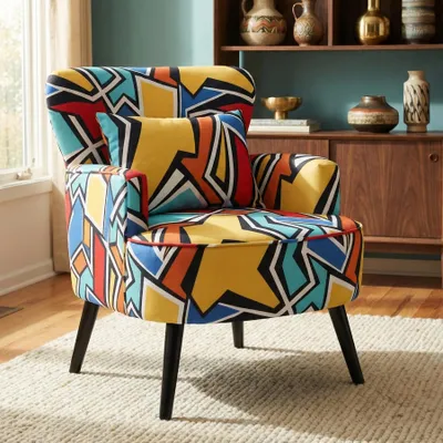 Image de Fauteuil Salon Vintage Coloré, Oreilles Pieds Bois Fauteuil Vintage à Oreilles, Fauteuil Ergonomique avec Motif Géométrique, Charge 120 kg, pour Chamb