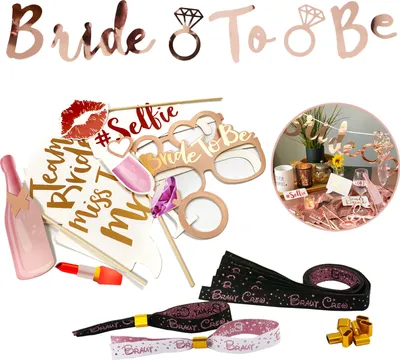 Produktbild von Oblique Unique JGA Hochzeit Accessoire Set - Bride to Be Girlande + Braut und Braut Crew Armbänder + Fotorequisiten