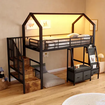 Produktbild von Hochbett 90 x 200 cm mit Stoffregal, Schubladen, Leiterschrank mit 3 Stauraumebenen, LED-Lichtleiste, Schutzgeländer und Dachdesign, Metall/MDF, Schwarz