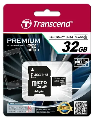 Obrázek produktu pro Transcend 32GB microSDHC Class 10 UHS-I, 32 GB, MicroSDHC, Třída 10, MLC, 90 MB/s, Class 1 (U1)