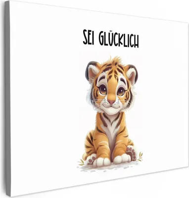 Produktbild von MuchoWow® - Leinwandbilder - Tiger - Glücklich sein - Zitat - Tier, Wandbild, Wanddeko Bilder Wohnzimmer, 80x60 cm