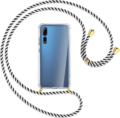 Produktbild von Handykette Backcover-Schutzhülle mit Band (Metall goldfarben) für ZTE Axon 10 Pro - schwarz/weiß gestreift