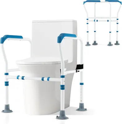 Produktbild von GOPLUS Aufstehhilfe Toilette, verstellbares Sicherheitsgestell mit 360°drehbarer Klemme, Griff & Saugnäpfen, klappbare Haltestange mit Befestigungsgurt bis zu 136kg