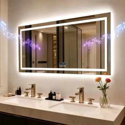 Immagine prodotto di Specchio da bagno LED Bluetooth WISFOR, illuminazione integrata, 120 x 70 cm, specchio da parete con orologio, funzione di memoria, antiappannamento, 3 tonalità di luce