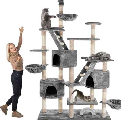 Produktbild von HAPPYPET Kratzbaum deckenhoch 260 cm hoch, Kletterbaum SAM – Großer XXL Katzenbaum Stabil für mehrere Katzen, stabile 8 cm Säulen, mit Zubehör, Grau